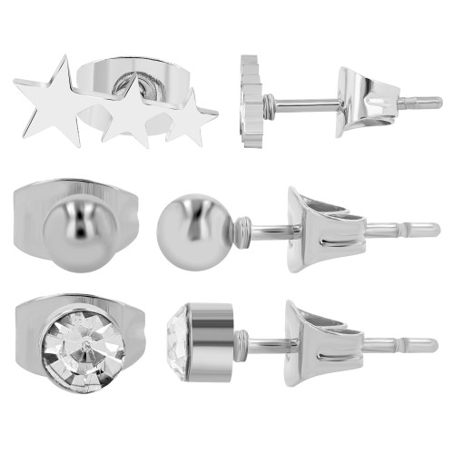 "Lune", Edelstahl Ohrstecker, 3 Paar, silberfarbig